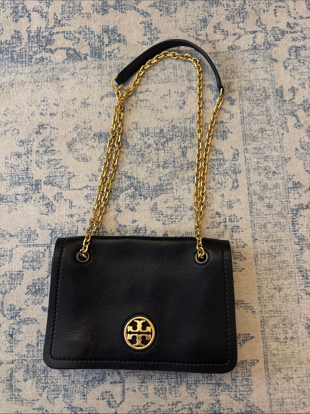 Tory Burch Black Leather Shoulder Bag with Gold Chain